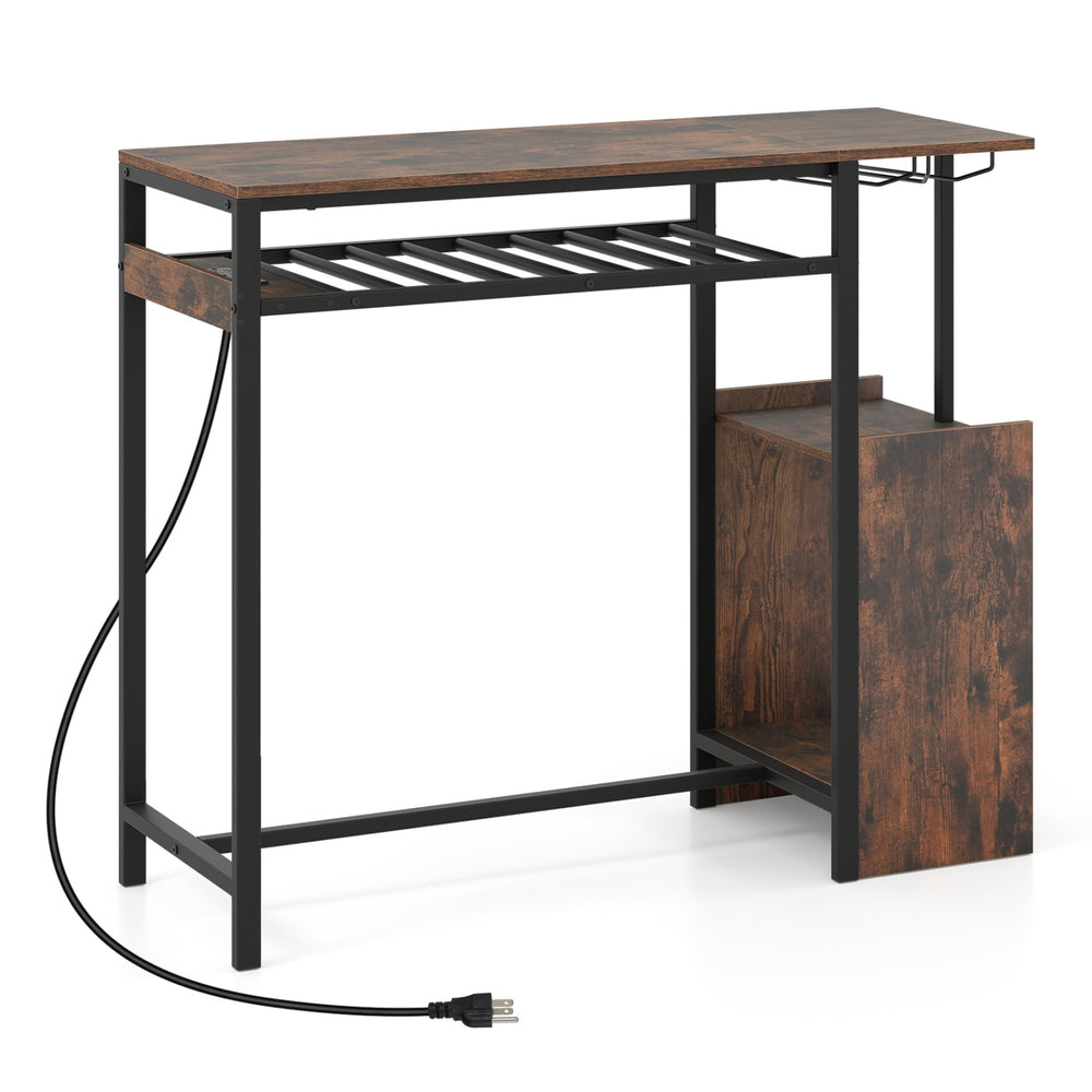 Rectangular bar table in rustic brown with charging station, LED light, and wine rack for stylish kitchen storage.
