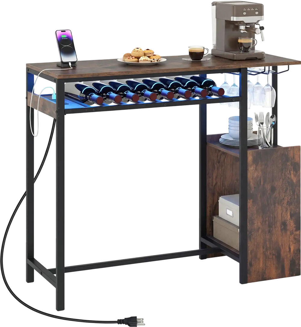 Rectangular bar table in rustic brown with charging station, LED lights, wine rack, and glass storage for kitchen or.