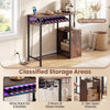 Rectangular bar table in rustic brown with charging station, LED light, wine rack for 8 bottles, and open shelves.