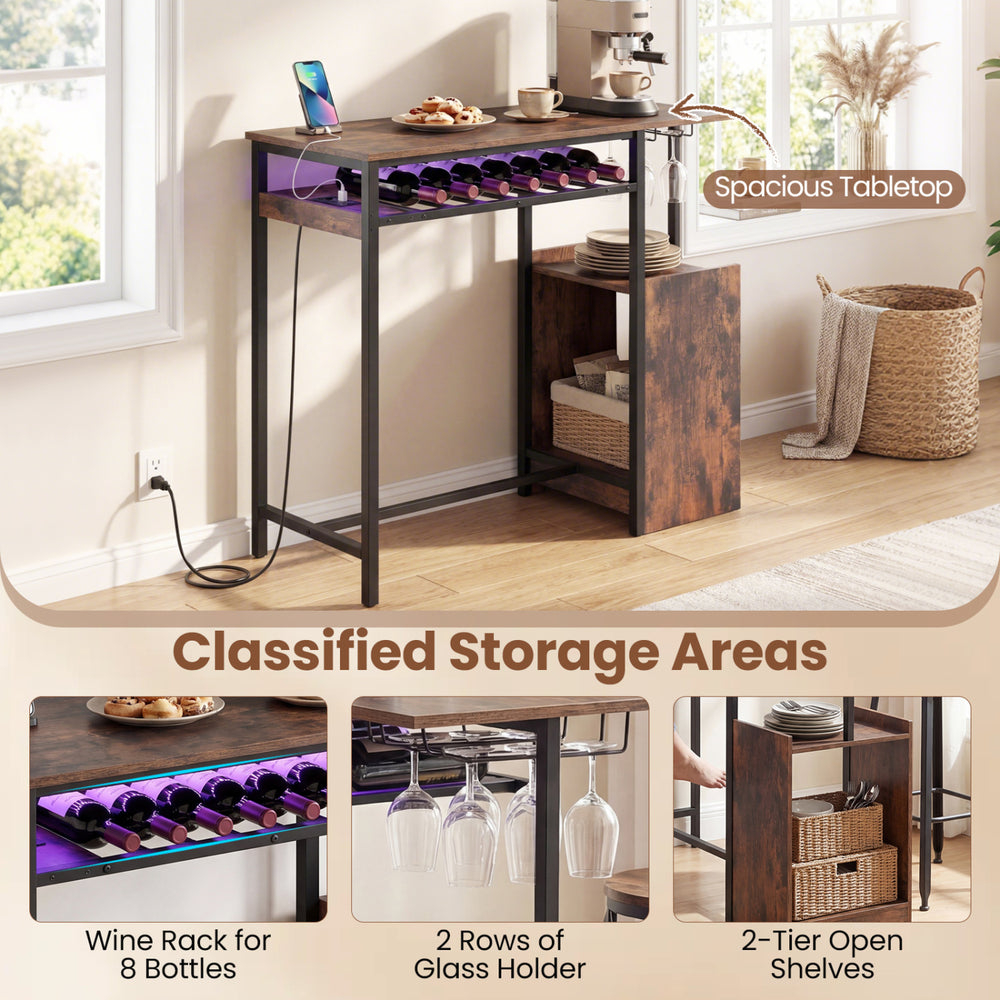 Rectangular bar table in rustic brown with charging station, LED light, wine rack for 8 bottles, and open shelves.