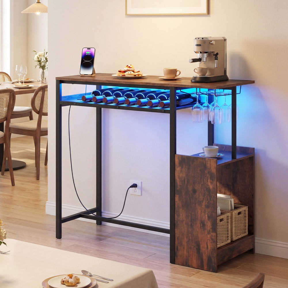 Rectangular bar table in rustic brown with LED light, charging station, and wine rack for kitchen or dining room use.