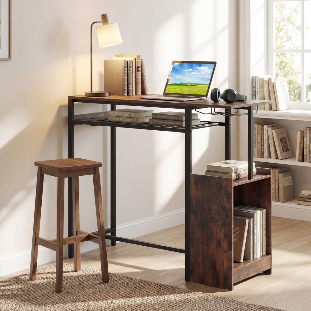 Rustic brown rectangular bar table showcasing charging station and LED light, perfect for modern kitchen or dining room.