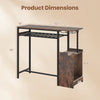 Rectangular bar table in rustic brown with charging station, LED light, and wine rack dimensions for kitchen or dining.