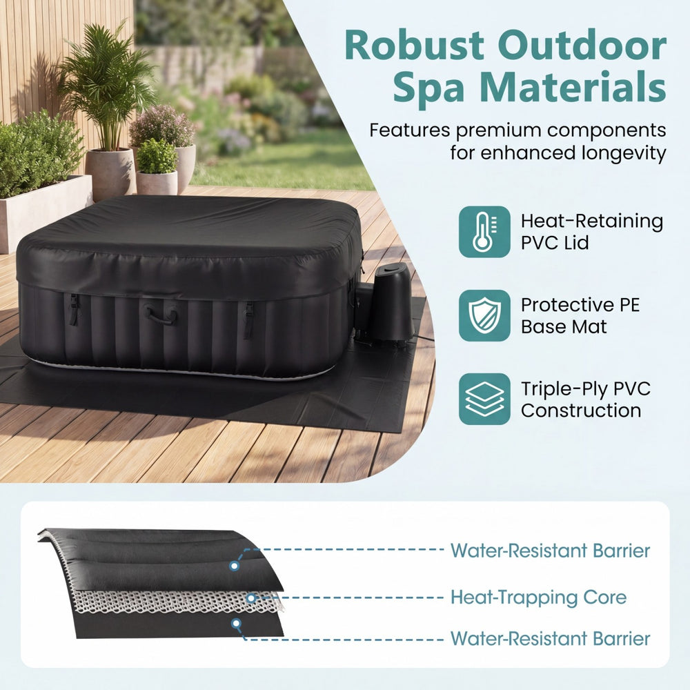 Rectangular black blowup hot tub with 130 air jets, featuring robust PVC materials for outdoor relaxation.