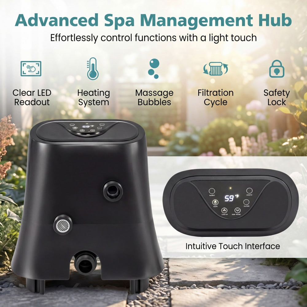Rectangular black blowup pool hottub with 130 air jets, smart touch panel, and LED display for easy control and safety.