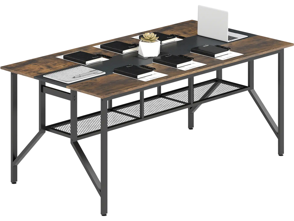 Rectangular meeting table in rustic brown with mesh storage shelf and cable grommet, perfect for office or conference.