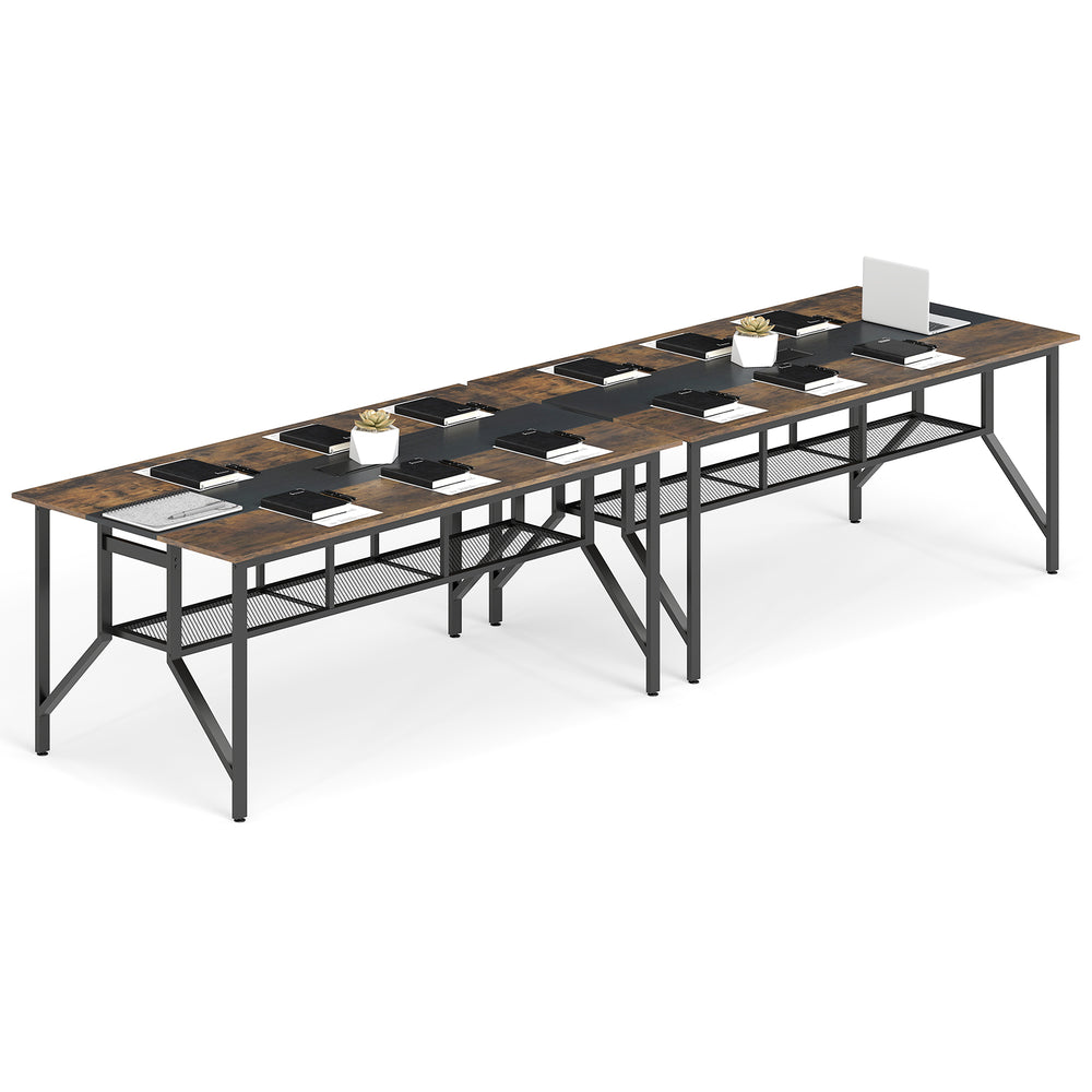 Rectangular meeting table in rustic brown with mesh storage shelf, cable grommet, and seating for 6-8 people.