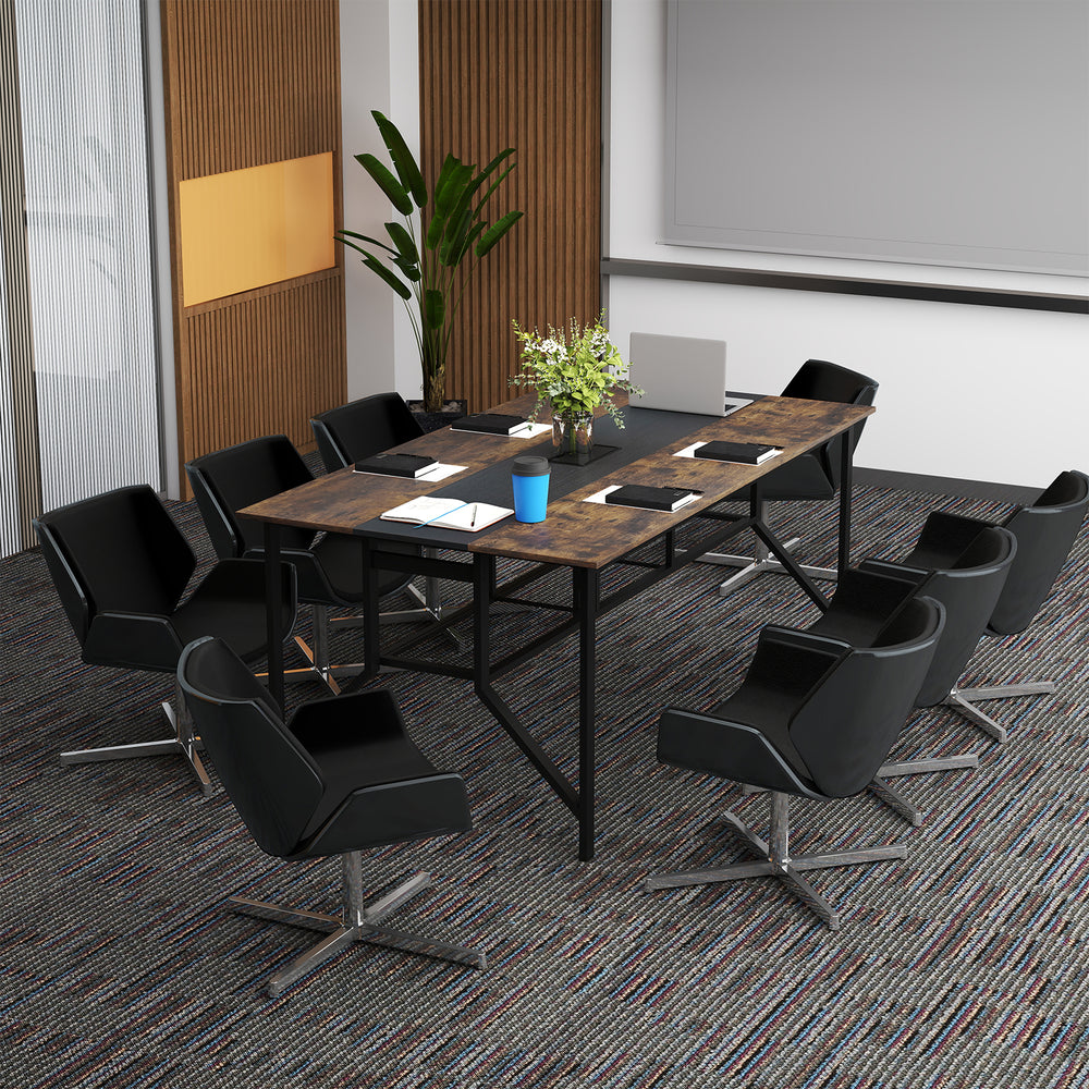 Rectangular meeting table with rustic brown 2-toned top, accommodating 6-8 seats, ideal for office or conference use.