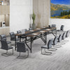 Rectangular meeting table with rustic brown finish, accommodating 6-8 seats, featuring cable grommet and mesh storage.