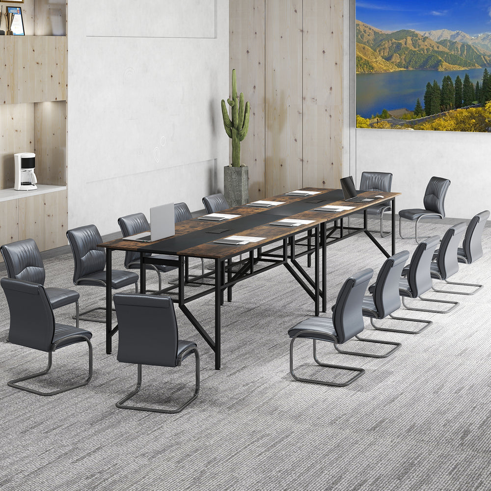 Rectangular meeting table with rustic brown finish, accommodating 6-8 seats, featuring cable grommet and mesh storage.
