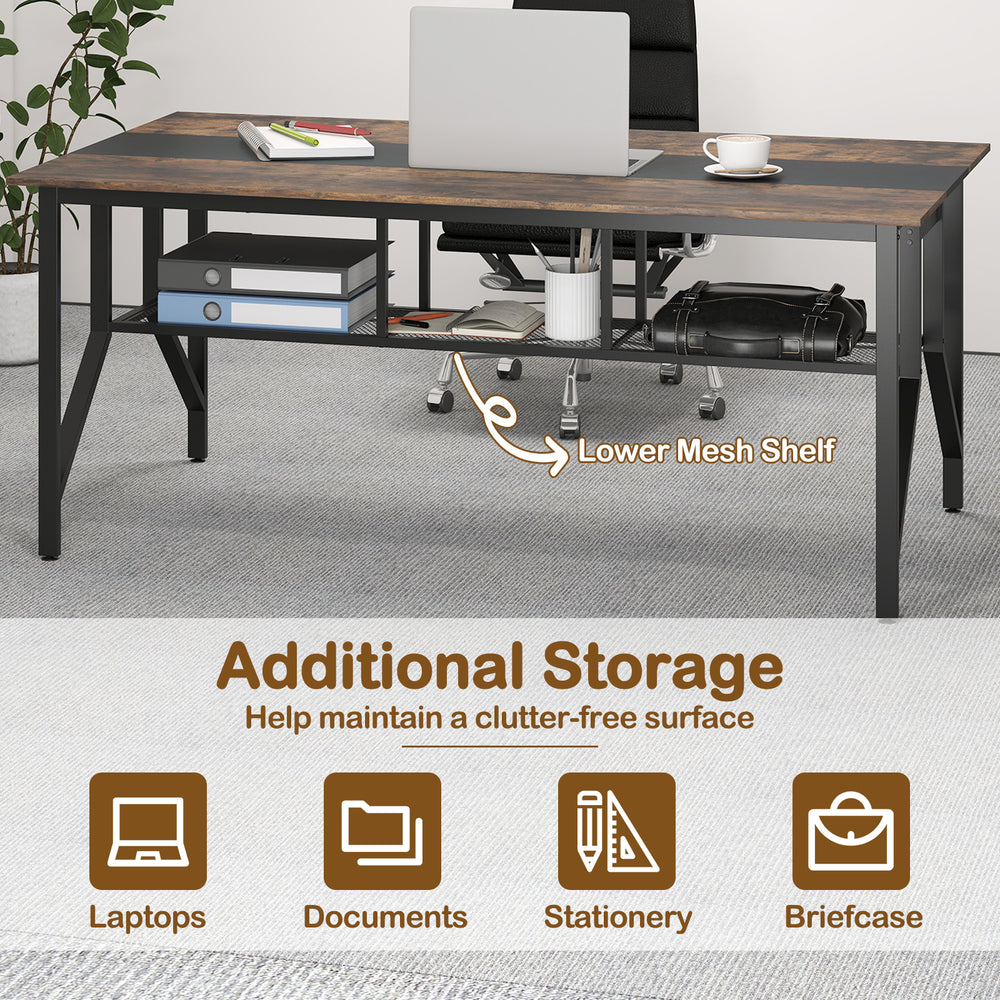 Rectangular meeting table in rustic brown with mesh storage shelf, cable grommet, and heavy-duty metal frame for office.