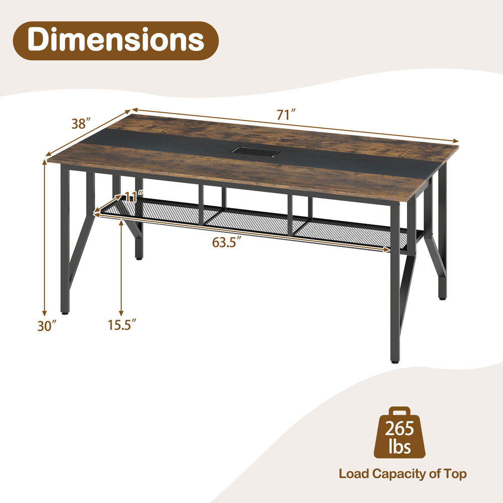 Rectangular meeting table with rustic brown 2-toned top, mesh storage shelf, and cable grommet for office or dining use.