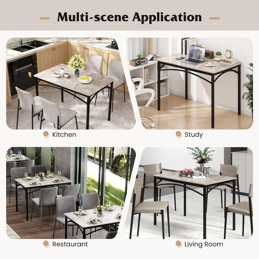 Rectangular modern dining table for 4 with grey sintered stone top, ideal for kitchen, study, or restaurant settings.
