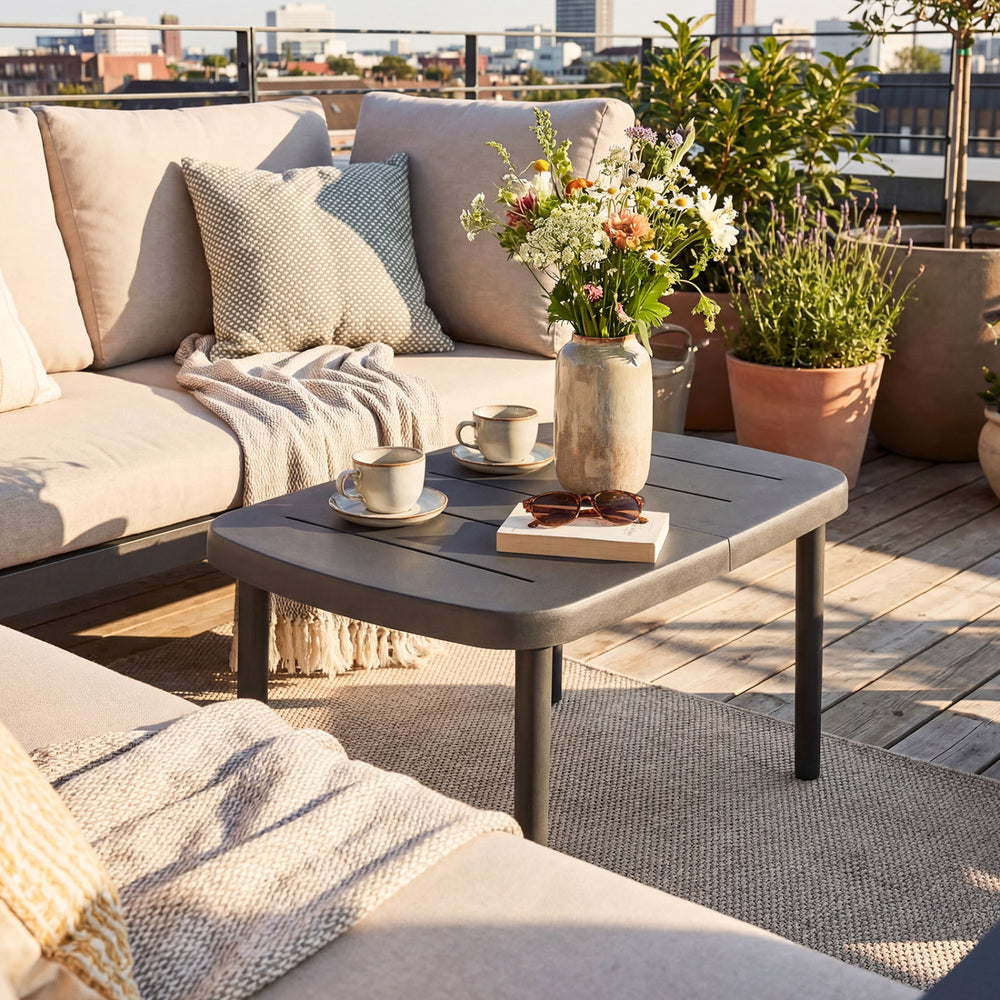 Rectangular patio side table in gray with aluminum alloy rods, perfect for poolside use and outdoor organization.
