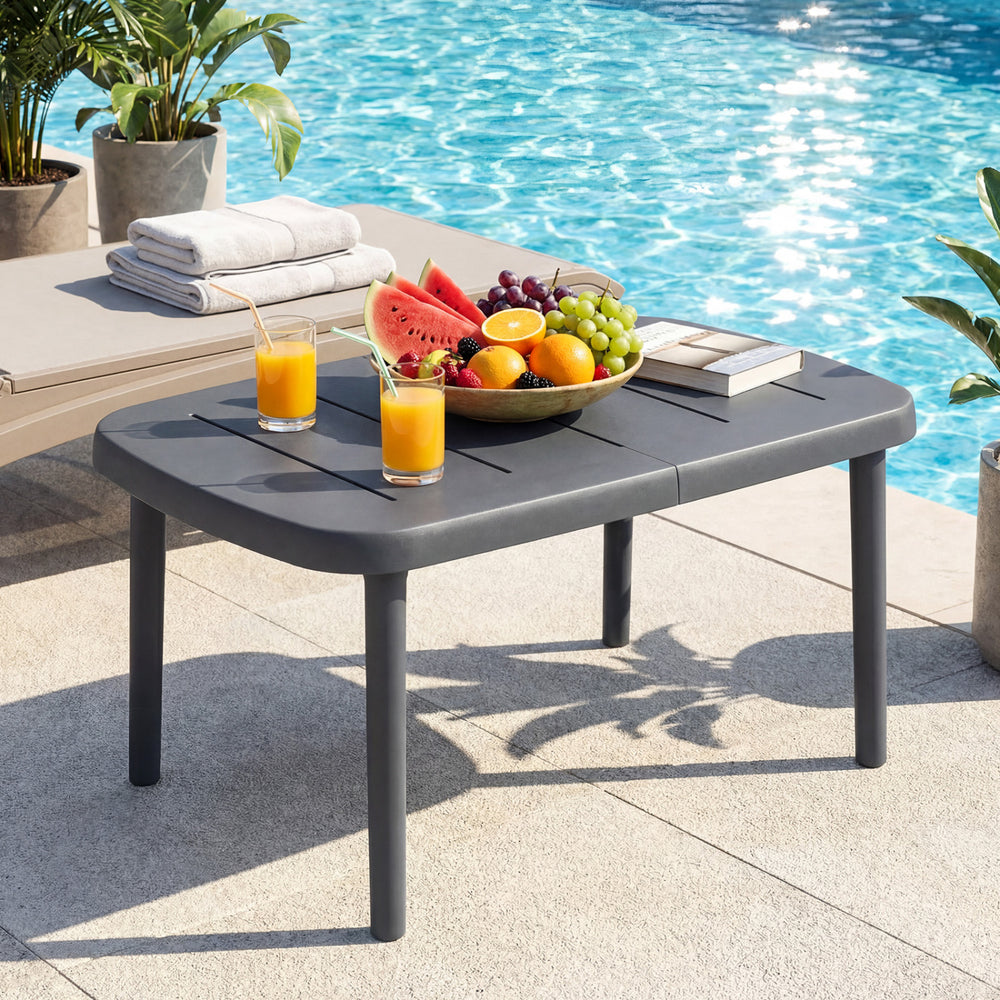 Rectangular gray patio side table with aluminum alloy rods, perfect for poolside snacks and drinks.