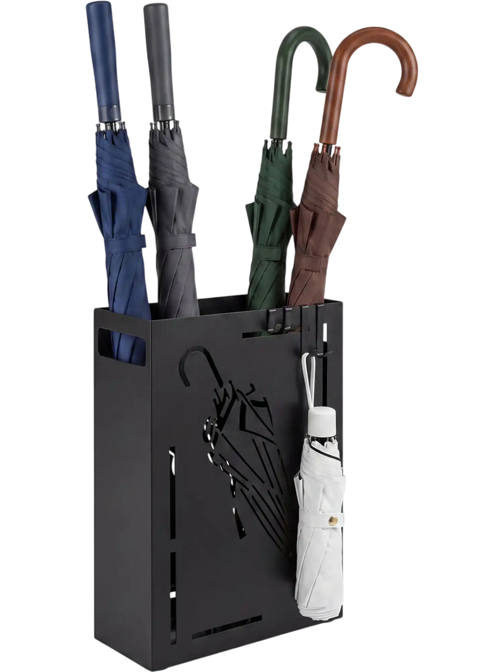 Rectangular black umbrella holder rack with removable drip tray, featuring four umbrellas in various colors.