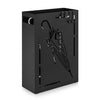 Black rectangular umbrella holder rack with removable drip tray, featuring a stylish cut-out umbrella design.
