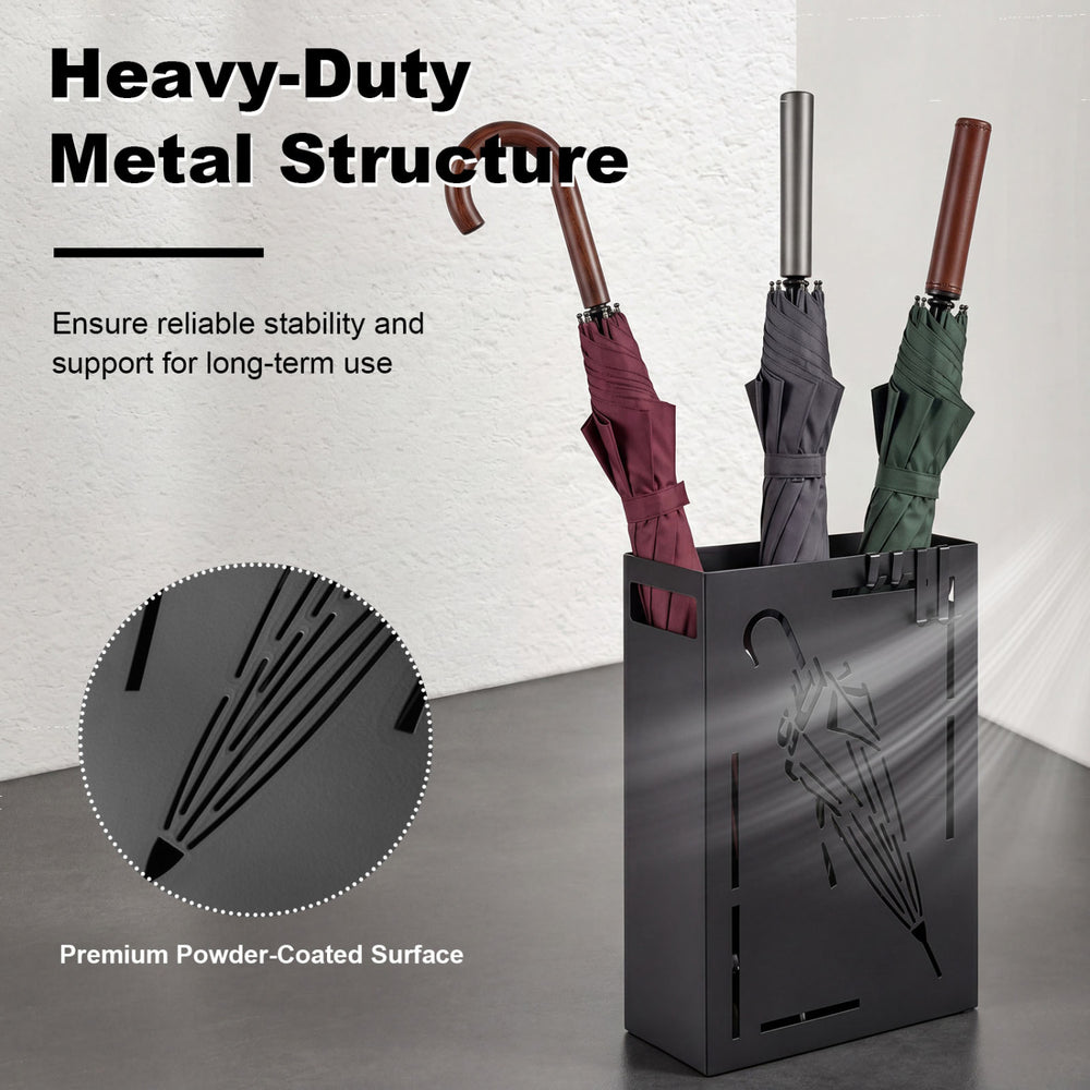 Rectangular black umbrella holder rack with removable drip tray, featuring a heavy-duty metal structure for stability.