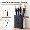 Rectangular black umbrella holder rack with removable drip tray, storing 4 short-handled and 6 long-handled umbrellas.