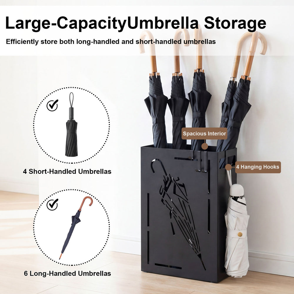 Rectangular black umbrella holder rack with removable drip tray, storing 4 short-handled and 6 long-handled umbrellas.