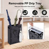 Rectangular black umbrella holder rack with removable drip tray, designed for low-maintenance and long-lasting use.