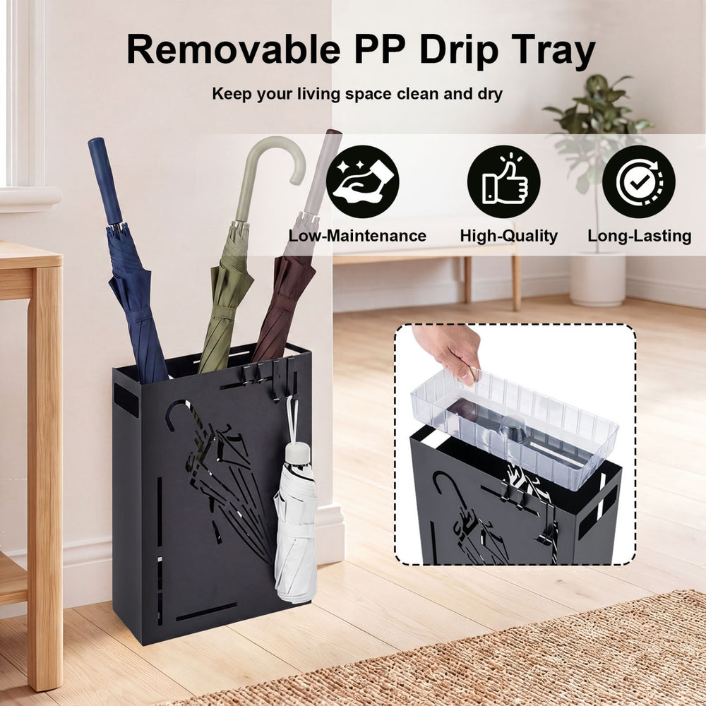 Rectangular black umbrella holder rack with removable drip tray, designed for low-maintenance and long-lasting use.