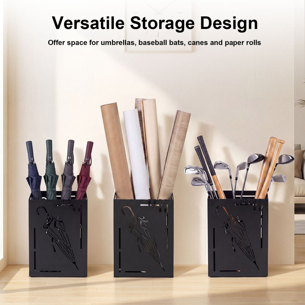 Rectangular black umbrella holder rack with removable drip tray, storing umbrellas, baseball bats, and paper rolls.