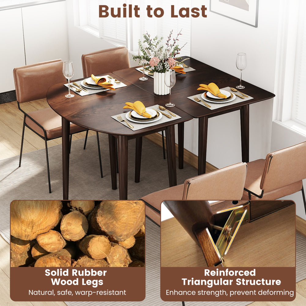 Rectangular wooden dining table with solid rubber wood legs, rustic walnut finish, and triangular support for 2-4.