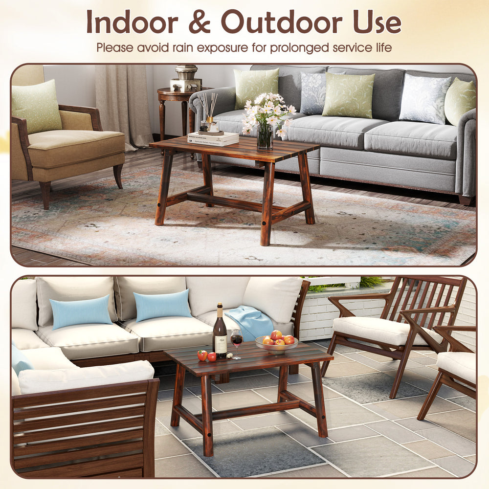 Solid wood patio table with slatted tabletop, brown finish, ideal for garden, porch, or living room use.
