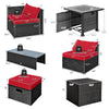 9-piece patio furniture set featuring a 32” fire pit table, red cushions, and PE rattan for outdoor comfort and style.
