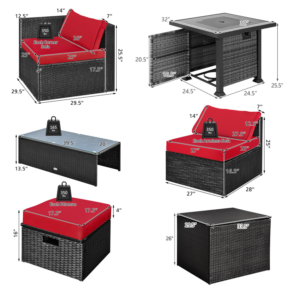 9-piece patio furniture set featuring a 32” fire pit table, red cushions, and PE rattan for outdoor comfort and style.