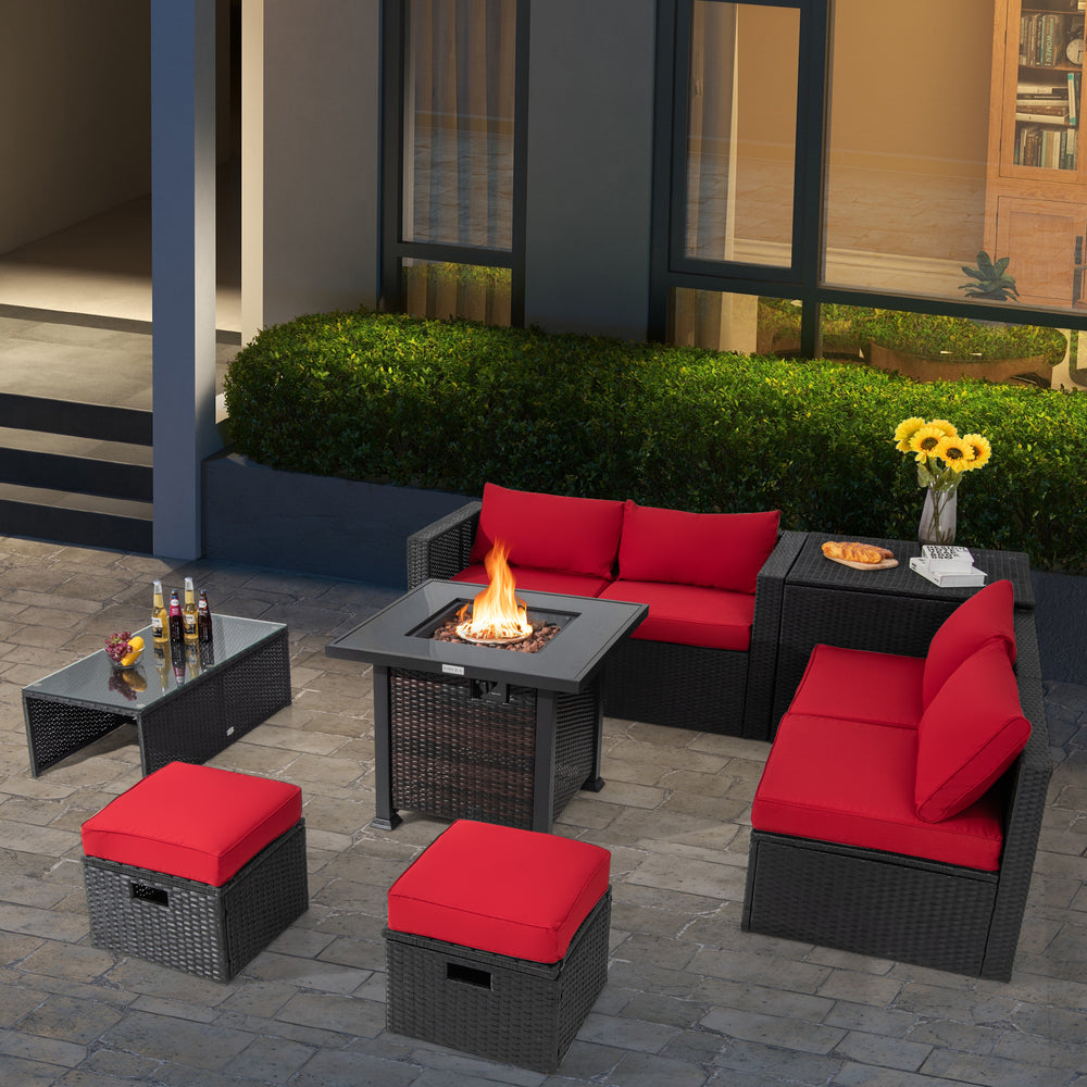 Fire pit table with red cushions and storage ottomans from the 9-piece patio furniture set, perfect for outdoor warmth.