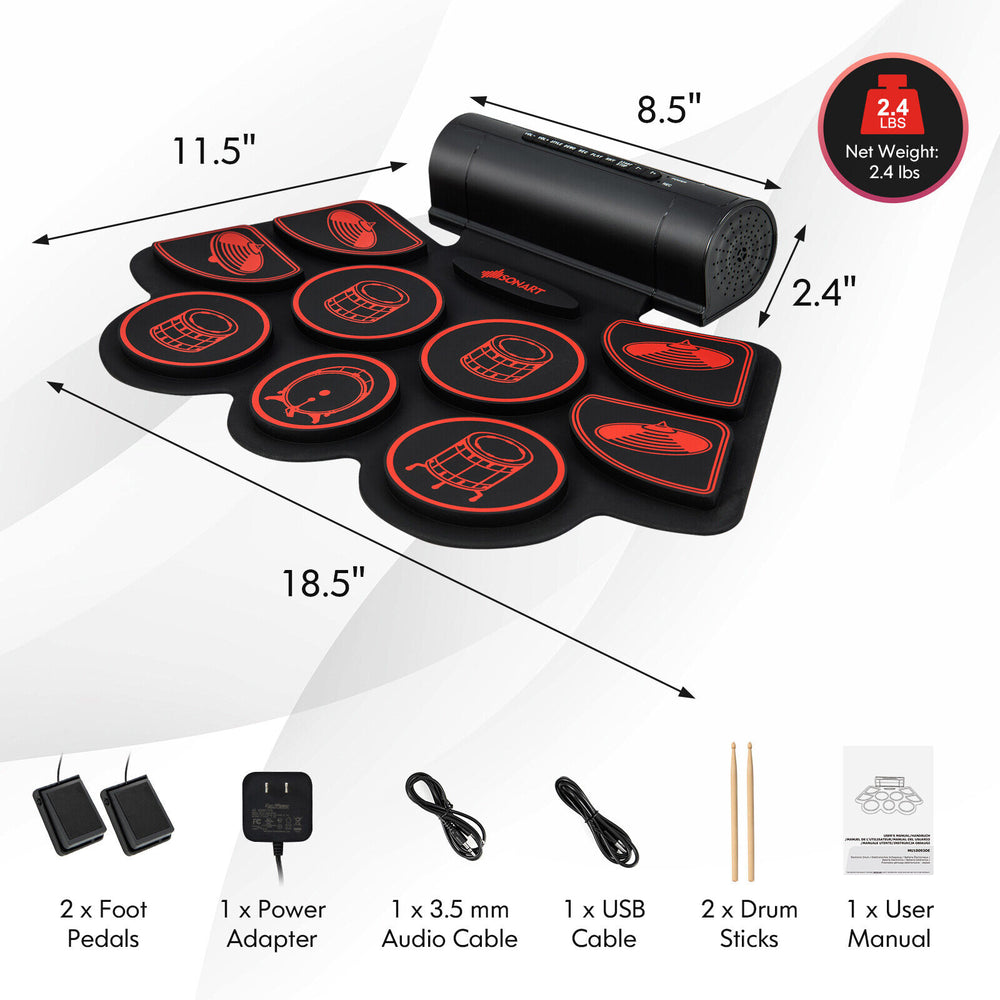 Electronic drum set with 2 built-in stereo speakers, featuring 9 rhythms and 15 speeds, ideal for kids' music practice.