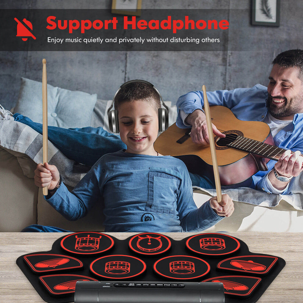 Electronic drum set with 9 rhythms and dual stereo speakers, perfect for kids' music practice and entertainment.