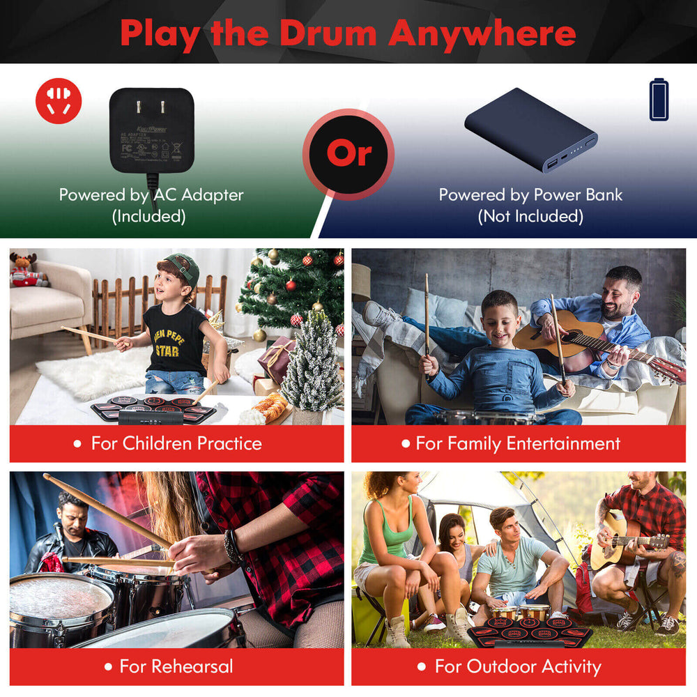 Electronic drum set with dual stereo speakers, designed for kids, perfect for family entertainment and personal.