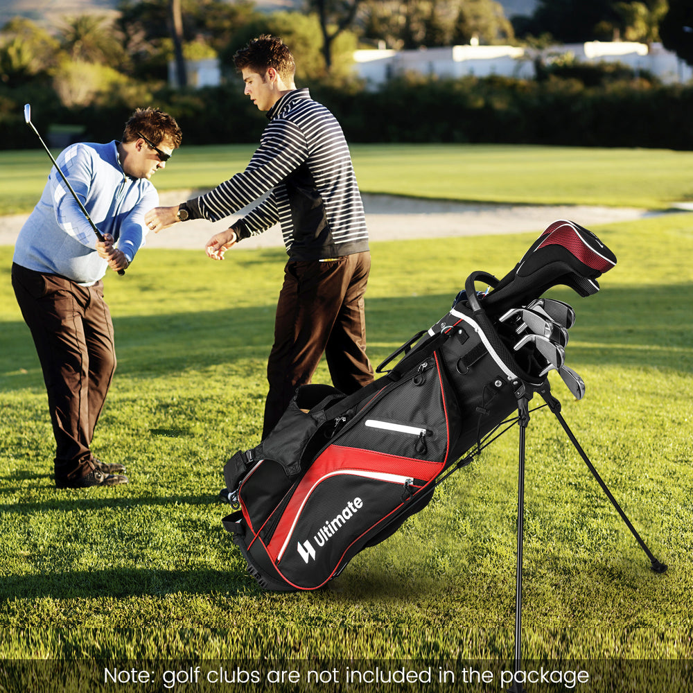 Lightweight golf stand bag in red with 14 way top dividers and 6 pockets, ideal for easy transport on the course.