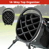 Lightweight golf stand bag featuring a 14-way top organizer and 6 pockets, designed for easy portability and storage.