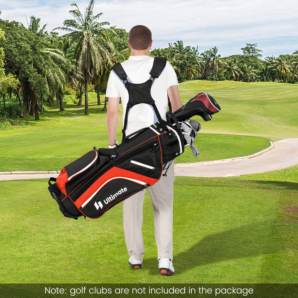 Lightweight golf stand bag in red with 14 way top dividers and 6 pockets, ideal for comfortable walking on the course.