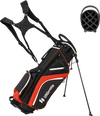 Lightweight golf stand bag in red with 14 way top dividers, 6 pockets, and adjustable shoulder strap for easy carrying.
