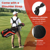 Lightweight golf stand bag in red with adjustable shoulder strap, hip cushion, and 6 pockets for ample storage.