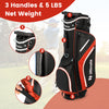 Lightweight golf stand bag in red with 14-way top dividers, 6 pockets, and 3 handles for easy portability.