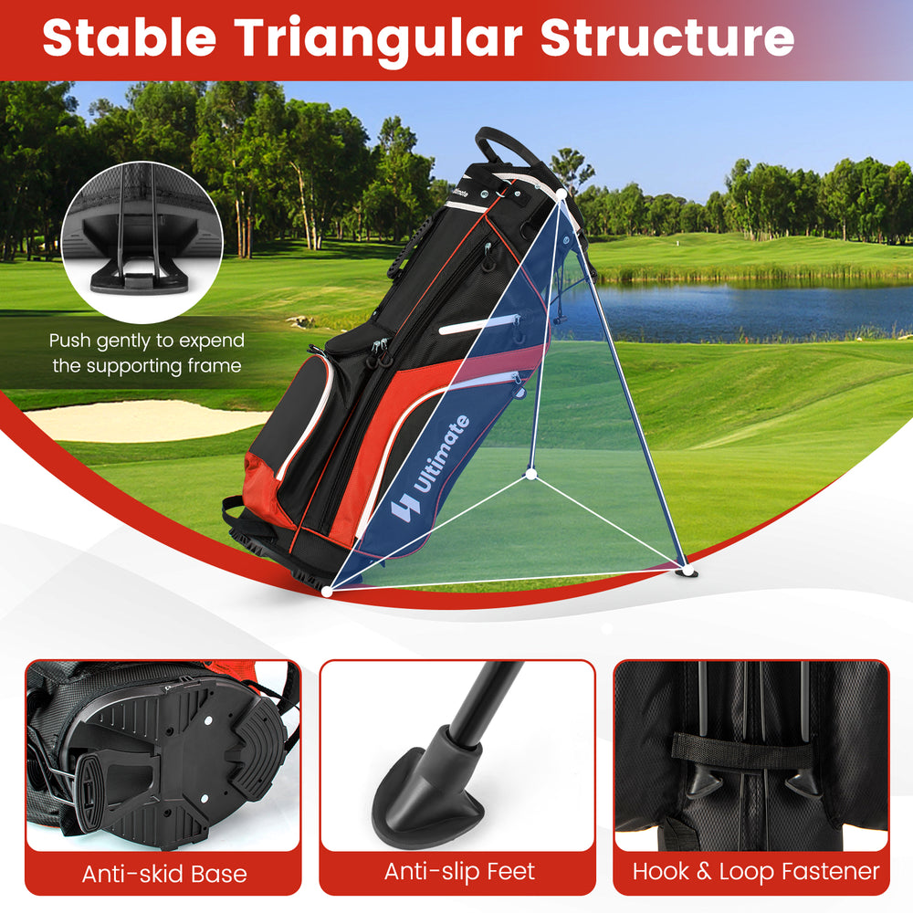 Lightweight golf stand bag in red with a stable triangular structure, featuring 14-way top dividers and 6 pockets.