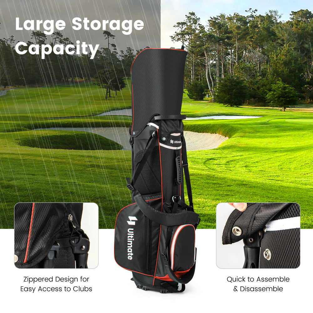 Lightweight golf stand bag in red with 14-way top dividers and 6 zippered pockets, designed for easy access to clubs.