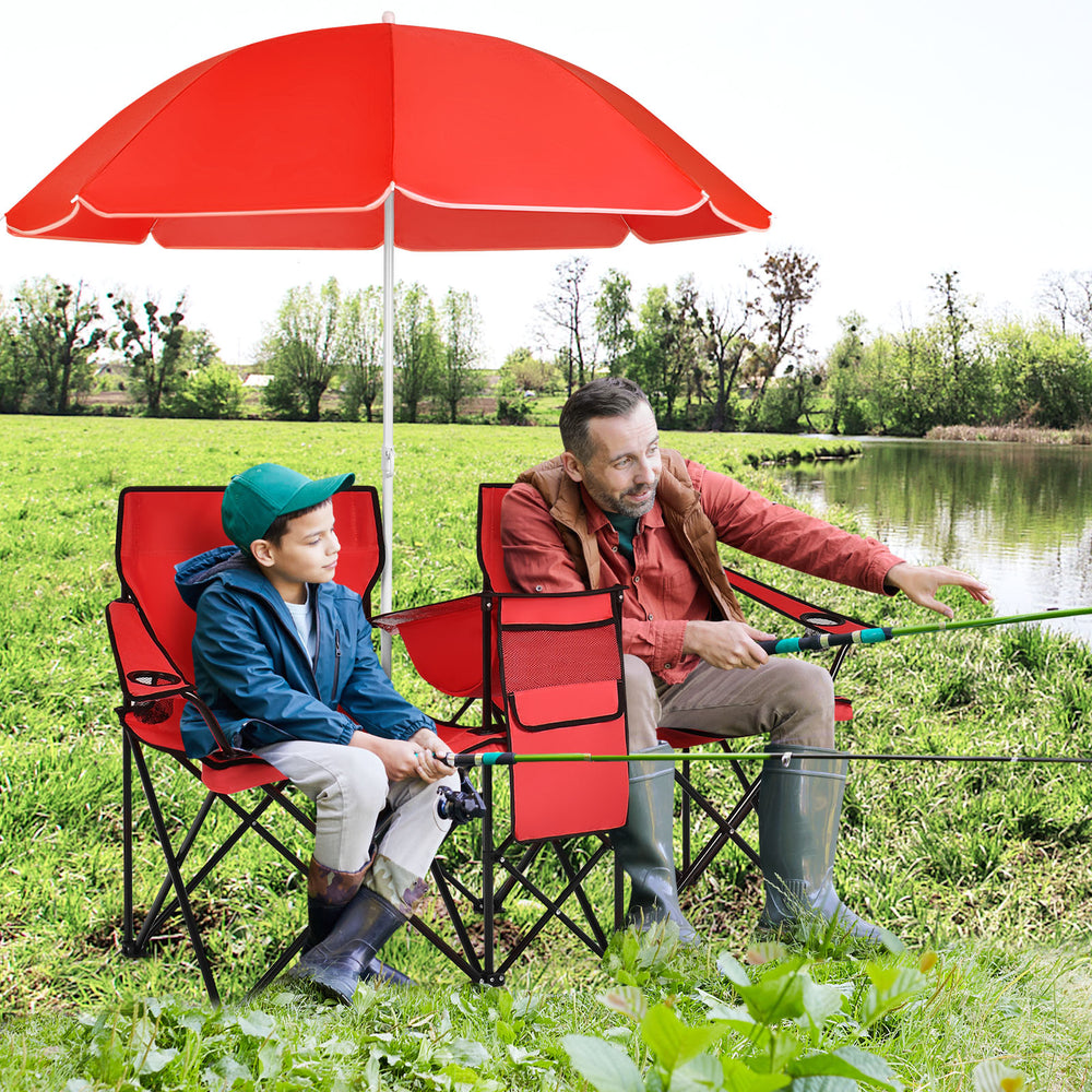 Portable Folding Picnic Double Chair With Umbrella-Red - Gallery View 1 of 10