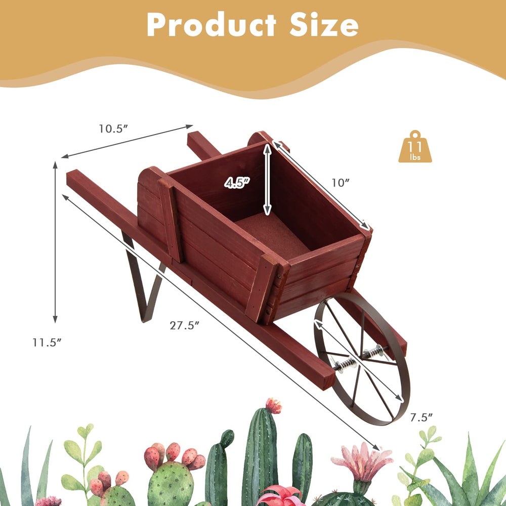 Wooden wagon planter in red with dimensions shown, featuring solid pine wood and iron-reinforced wheel for garden decor.
