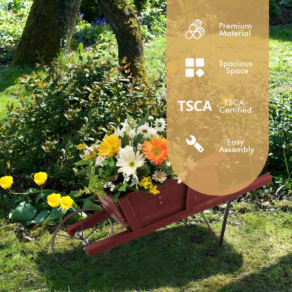 Wooden wagon planter in red with flowers, made of solid pine wood, ideal for garden decoration and easy assembly.