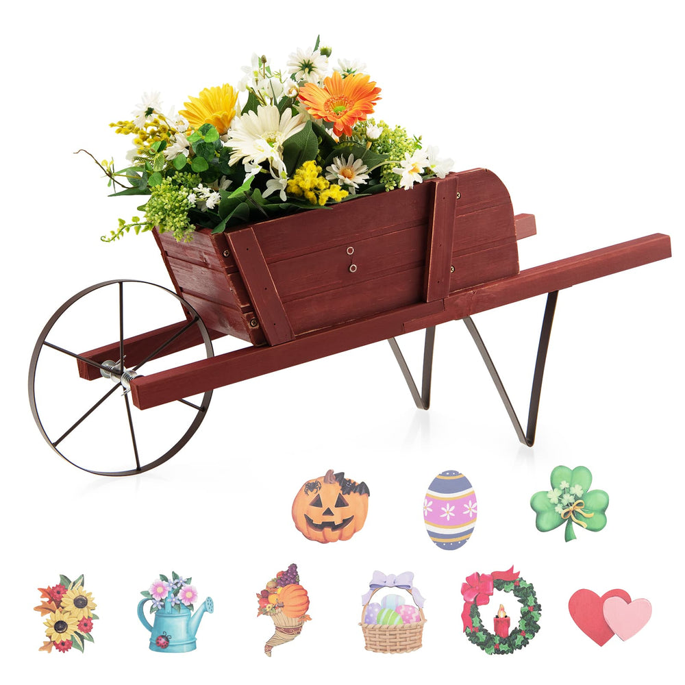 Wooden wagon planter in red with flowers, featuring 9 magnetic accessories for versatile garden decoration.