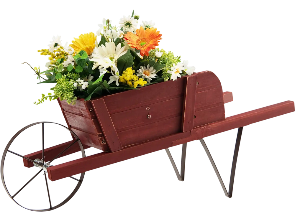 Wooden wagon planter in red with flowers, made of solid pine wood, ideal for garden decoration or holiday displays.