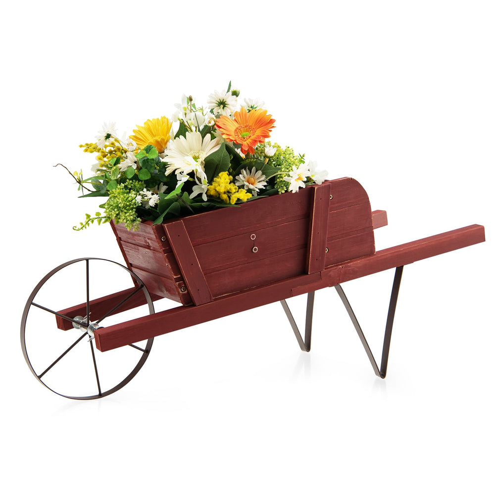 Wooden Wagon Planter with 9 Magnetic Accessories for Garden Yard-Red - Gallery View 1 of 9