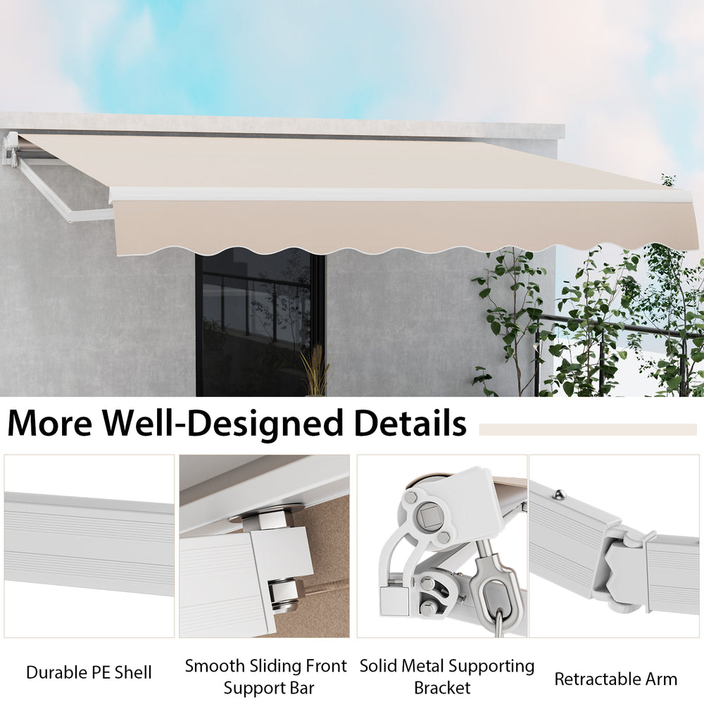 Retractable awning with beige thickened cloth and aluminum frame, ideal for patios and easy to install on various walls.